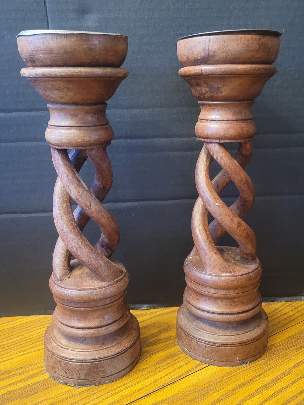 Vintage Pair Solid Wood  Pillar Candle Holders Barley Open Twist 12" Tall India